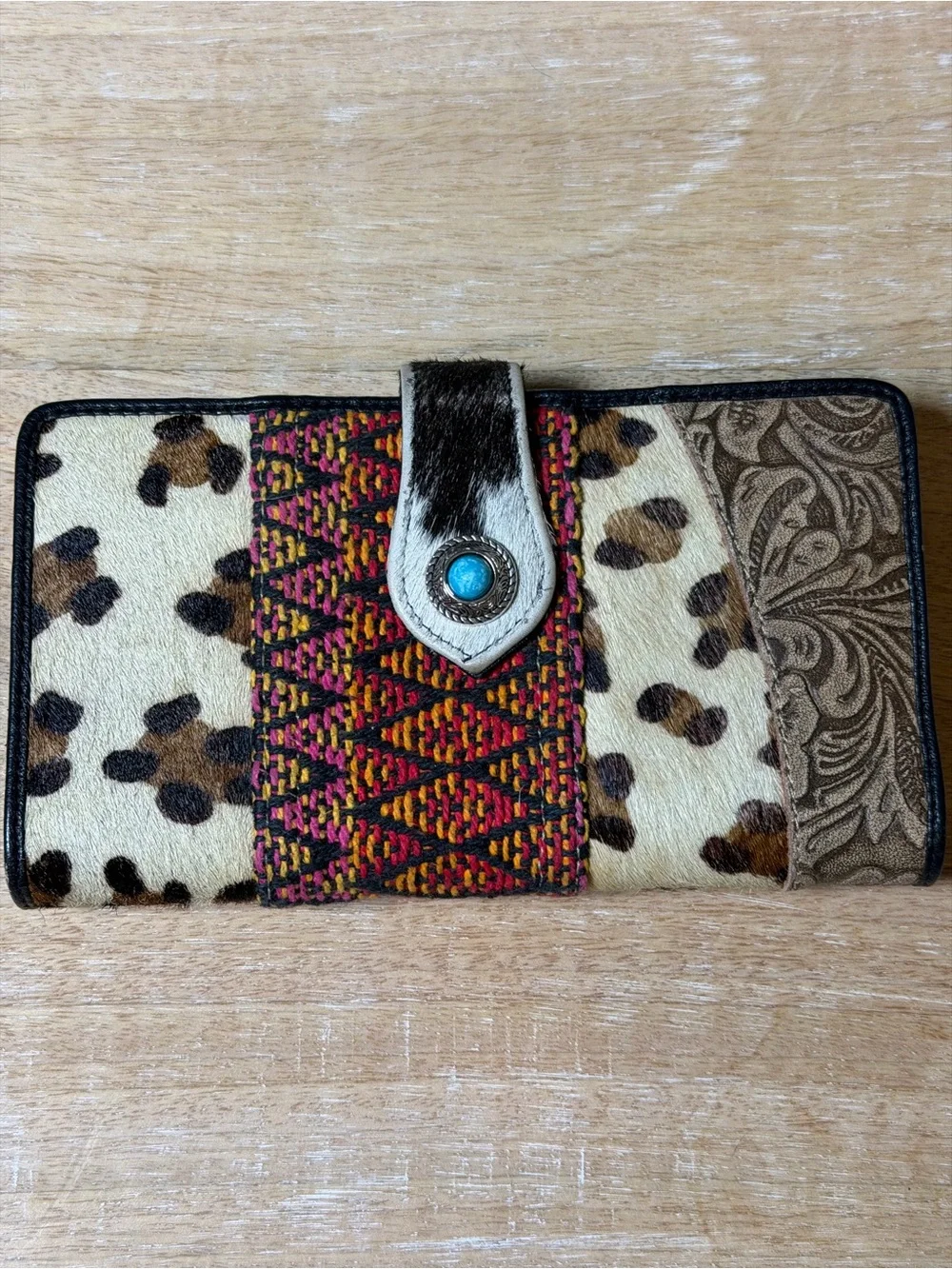 Myra Bag Western Cowhide Leopard Print Turquoise Concho Wallet Boho